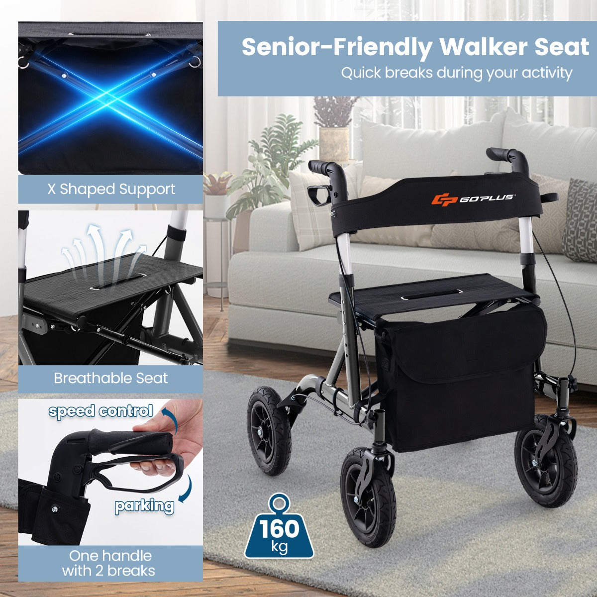 Costway Height Adjustable and Foldable Rollator Walker with Storage Bag-Black