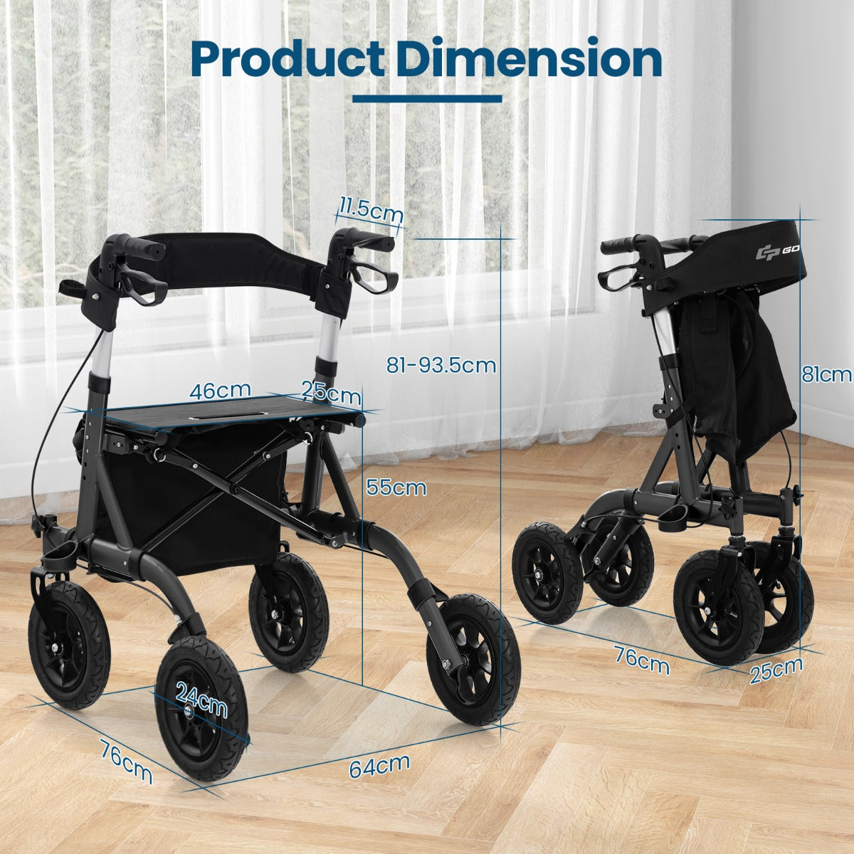 Costway Height Adjustable and Foldable Rollator Walker with Storage Bag-Black
