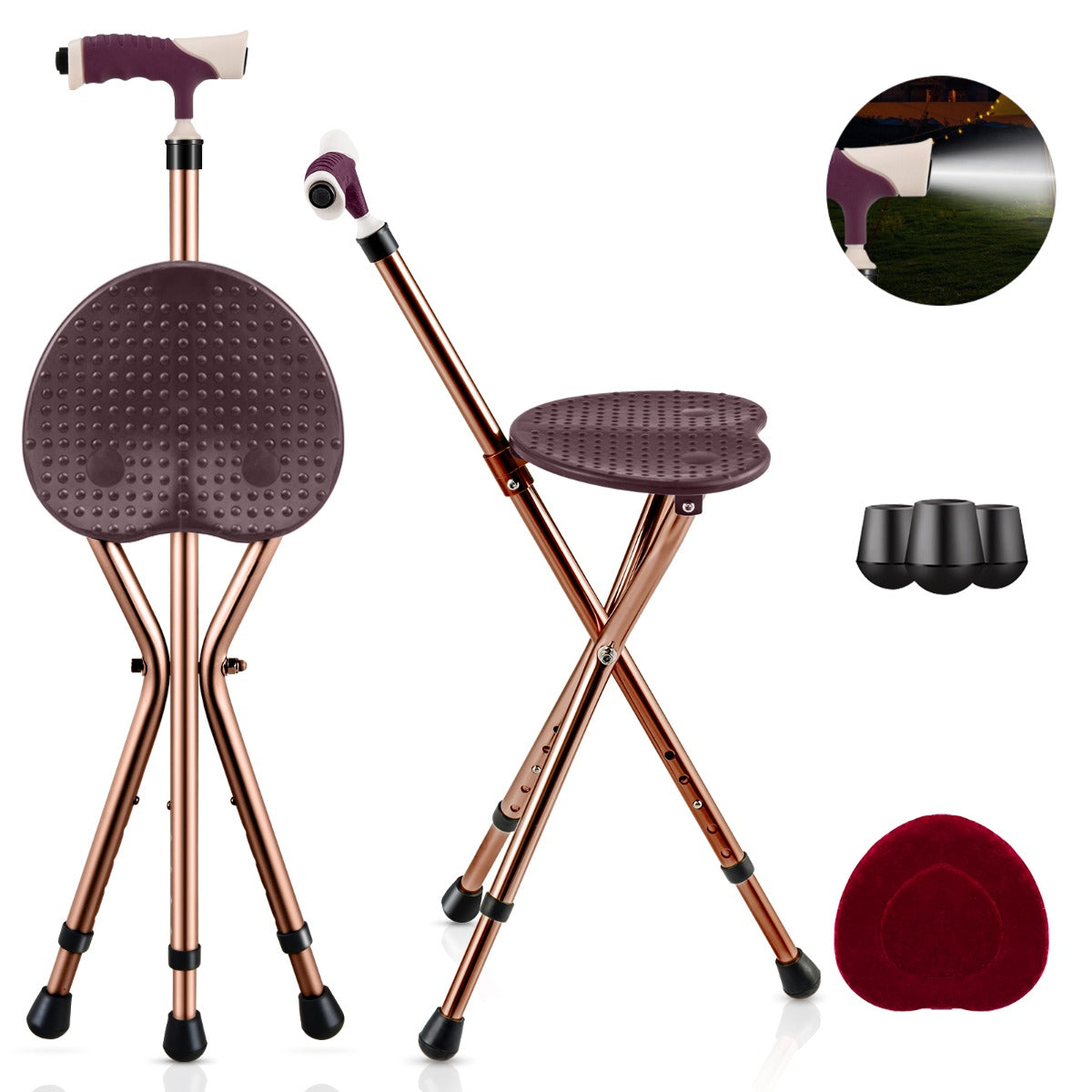 Heavy-duty aluminum alloy cane chair supports up to 200 kilograms while remaining lightweight to carry