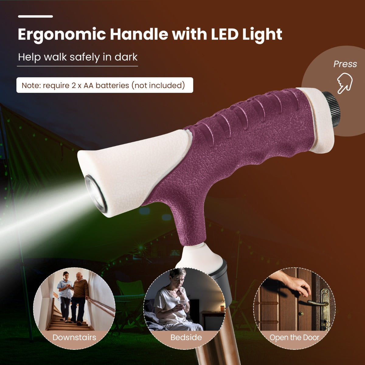 Built-in LED handle light improves nighttime visibility and requires two AA batteries, not included
