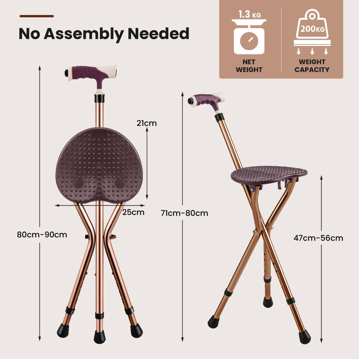 Folding walking cane chair works as both a supportive walking stick and a portable seat for resting