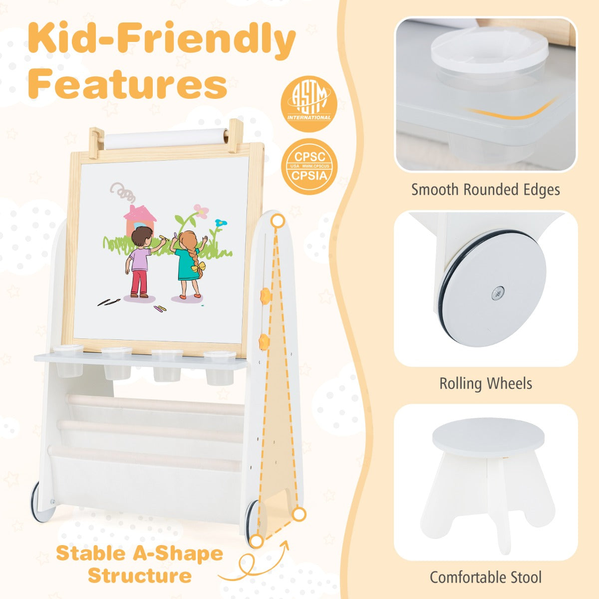 Height Adjustable Kids Art Easel with Stool and Magnetic Whiteboard-Grey