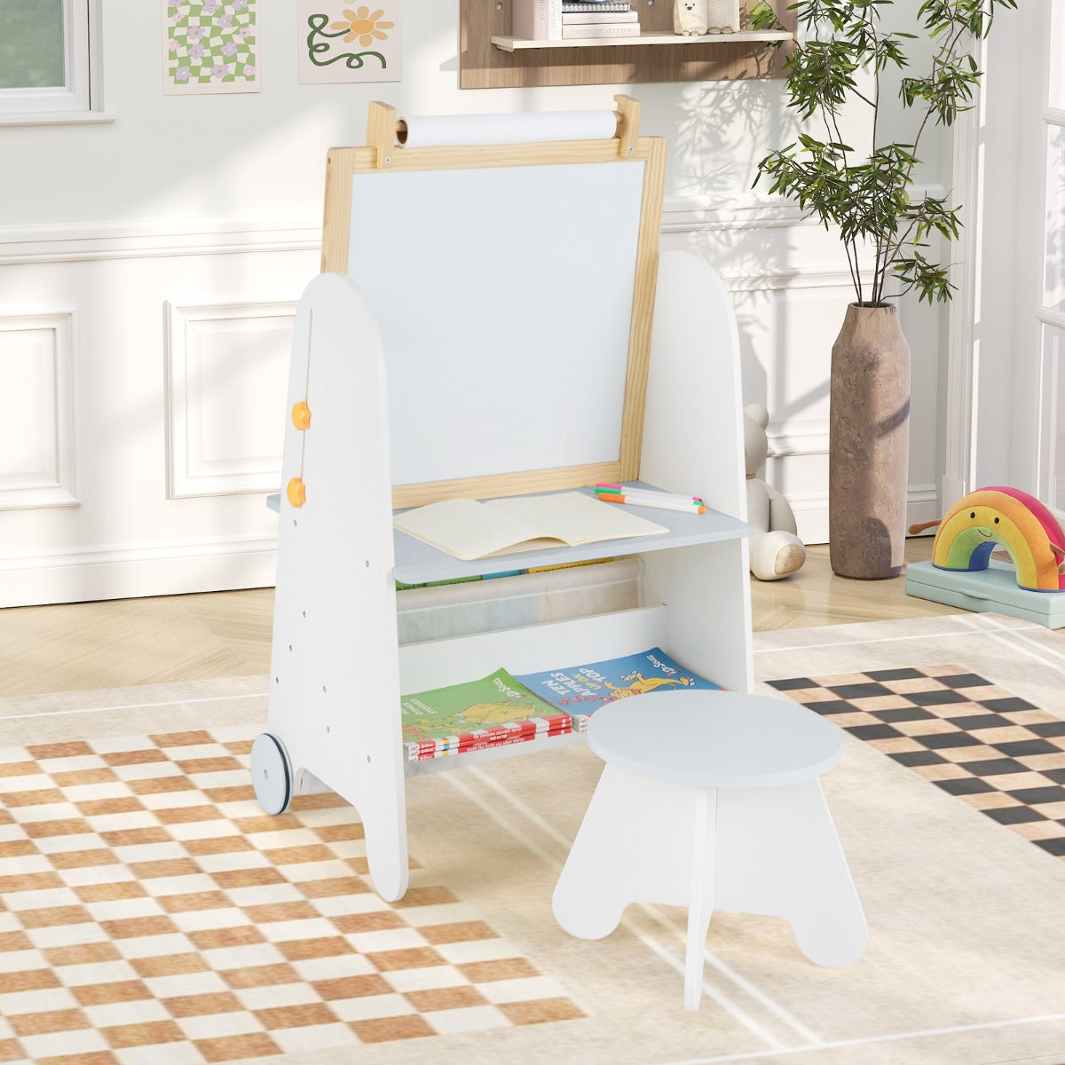 Height Adjustable Kids Art Easel with Stool and Magnetic Whiteboard-Grey
