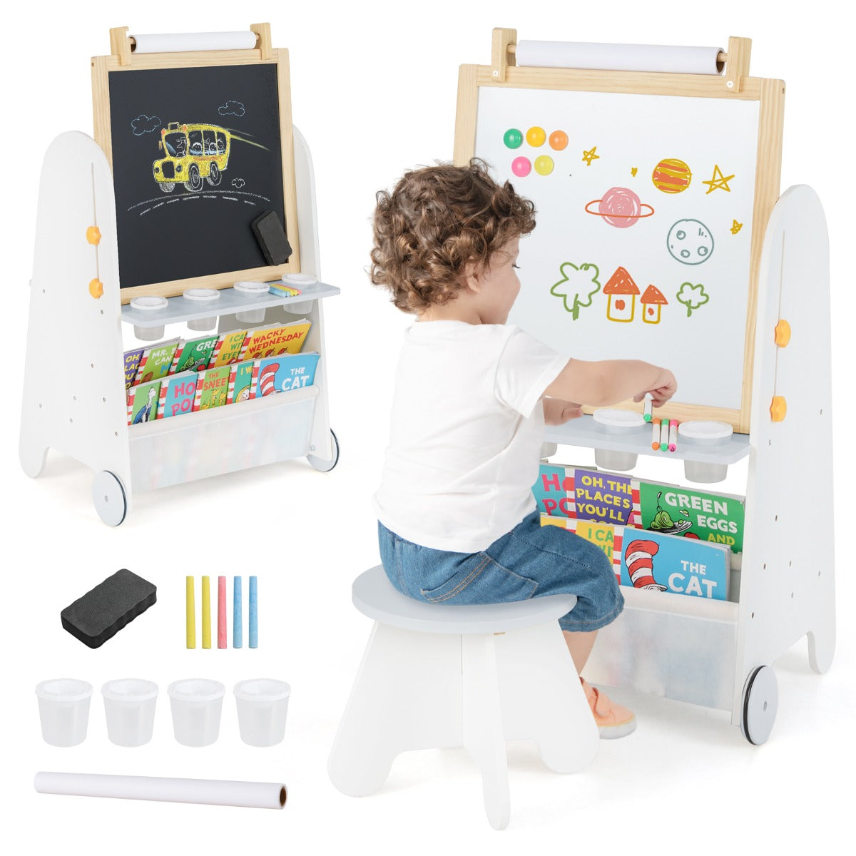 Height Adjustable Kids Art Easel with Stool and Magnetic Whiteboard-Grey