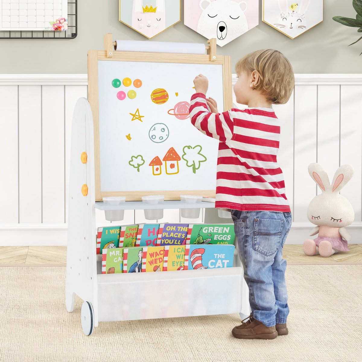 Height Adjustable Kids Art Easel with Stool and Magnetic Whiteboard-Grey