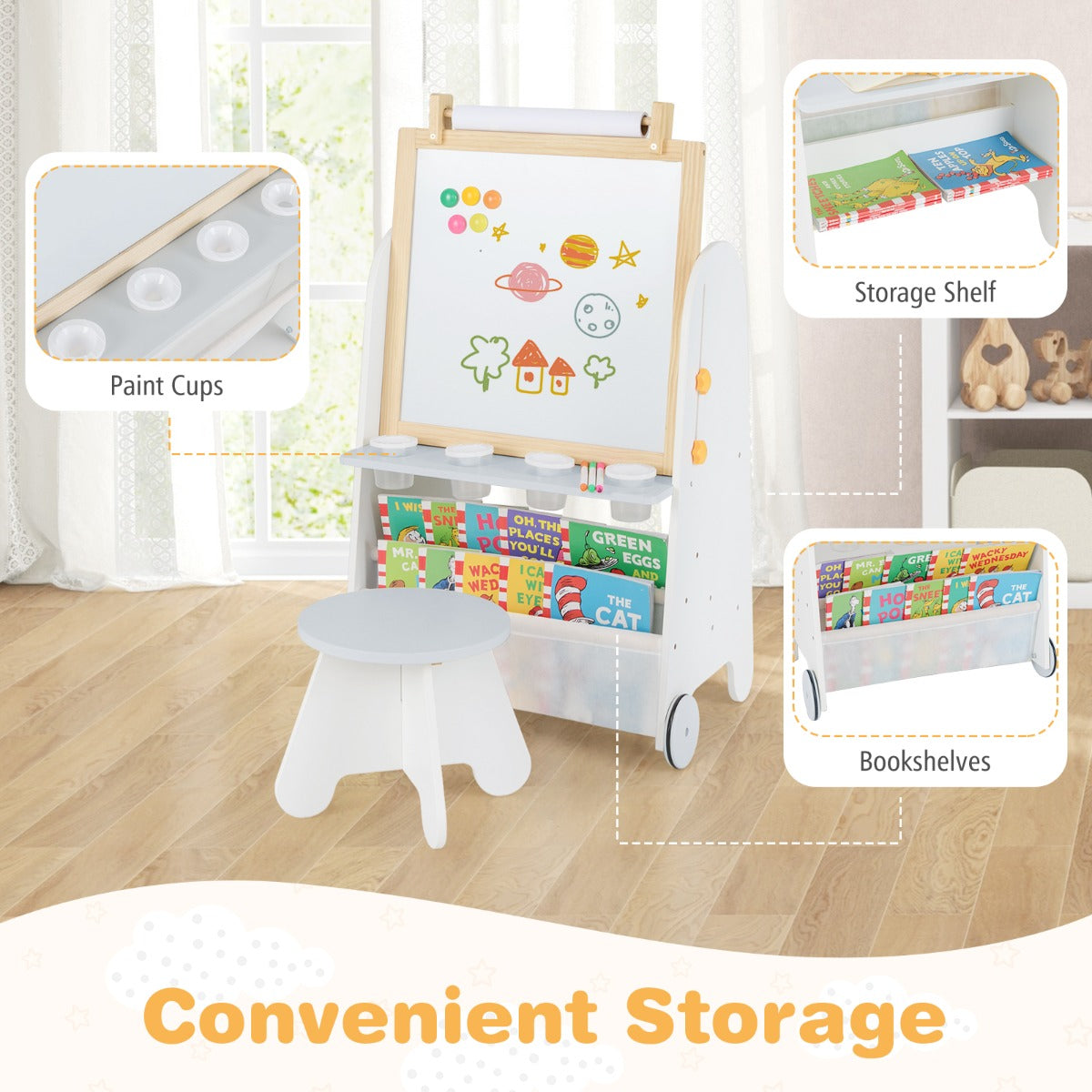 Height Adjustable Kids Art Easel with Stool and Magnetic Whiteboard-Grey