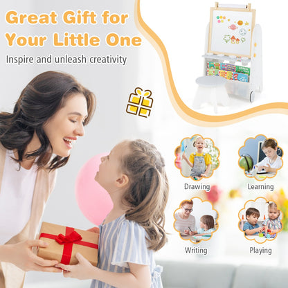Height Adjustable Kids Art Easel with Stool and Magnetic Whiteboard-Grey