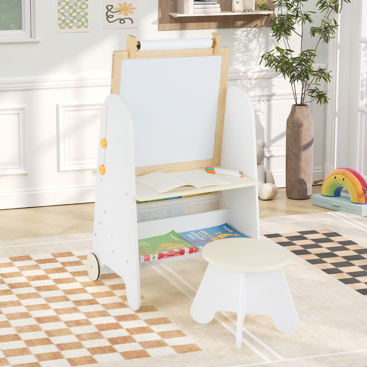 Height Adjustable Kids Art Easel with Stool and Magnetic Whiteboard-Natural