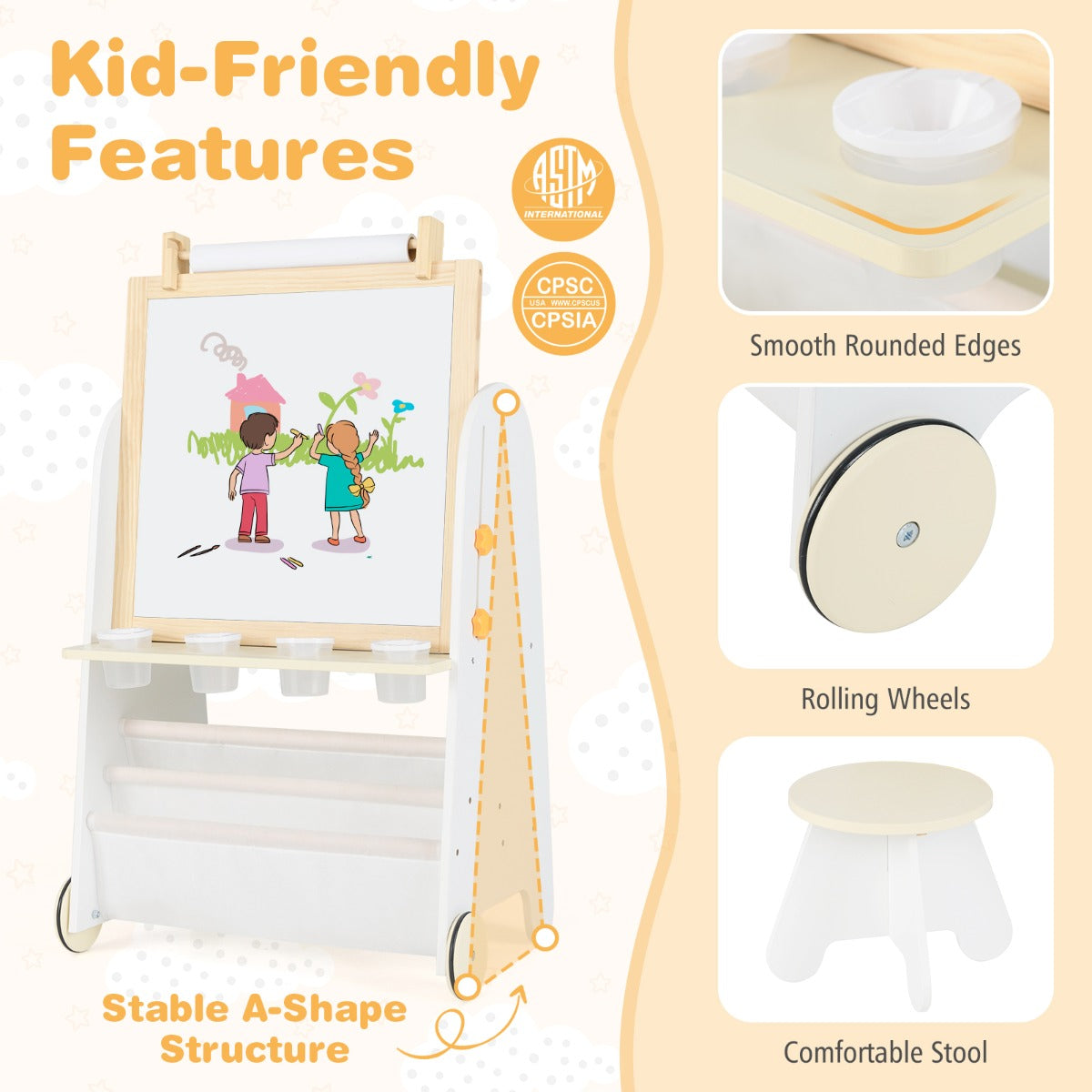 Height Adjustable Kids Art Easel with Stool and Magnetic Whiteboard-Natural