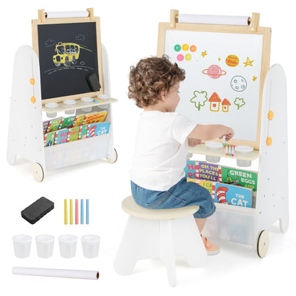 Height Adjustable Kids Art Easel with Stool and Magnetic Whiteboard-Natural