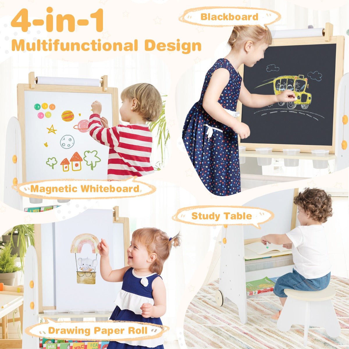Height Adjustable Kids Art Easel with Stool and Magnetic Whiteboard-Natural