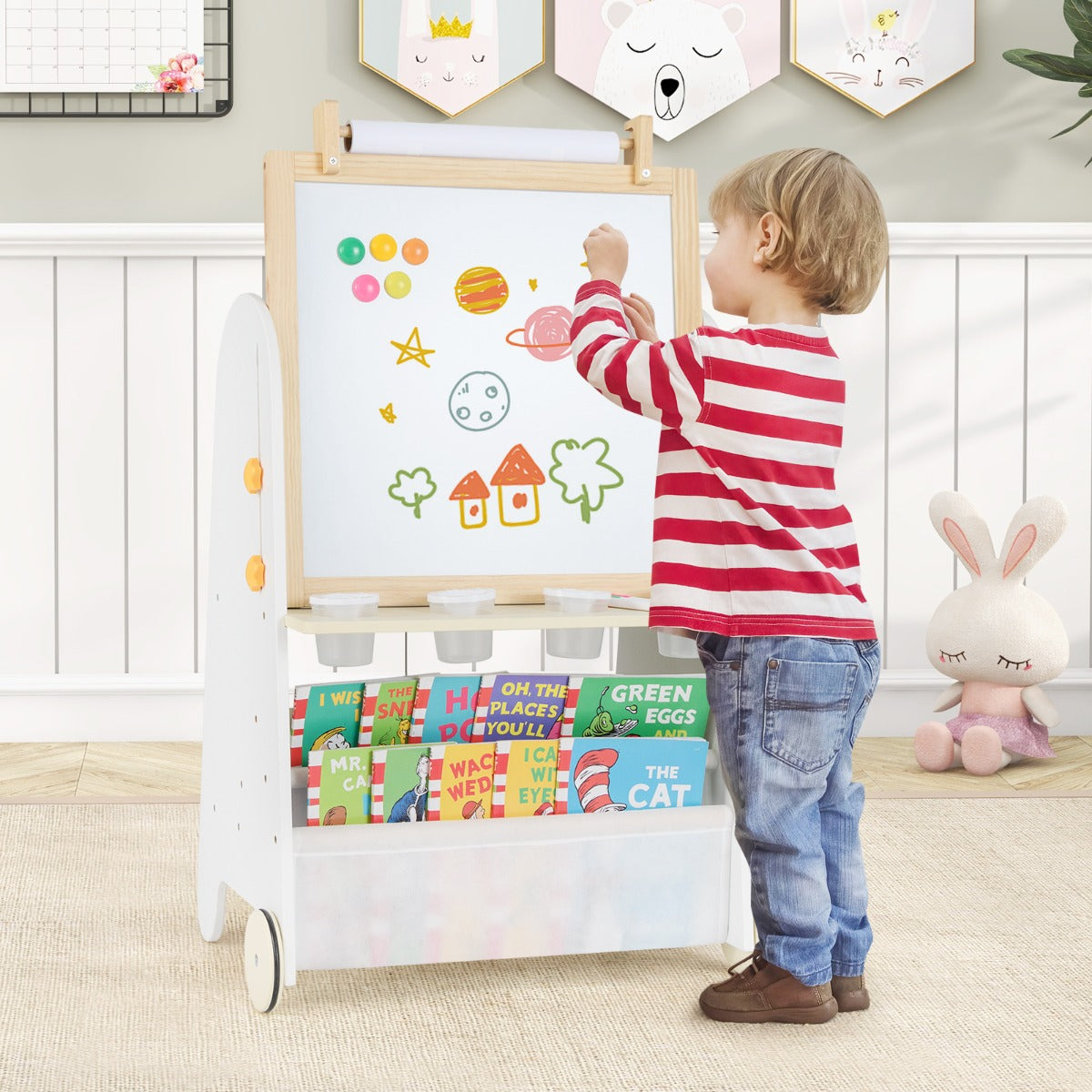 Height Adjustable Kids Art Easel with Stool and Magnetic Whiteboard-Natural