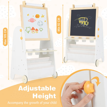 Height Adjustable Kids Art Easel with Stool and Magnetic Whiteboard-Natural