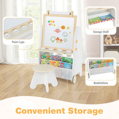 Height Adjustable Kids Art Easel with Stool and Magnetic Whiteboard-Natural