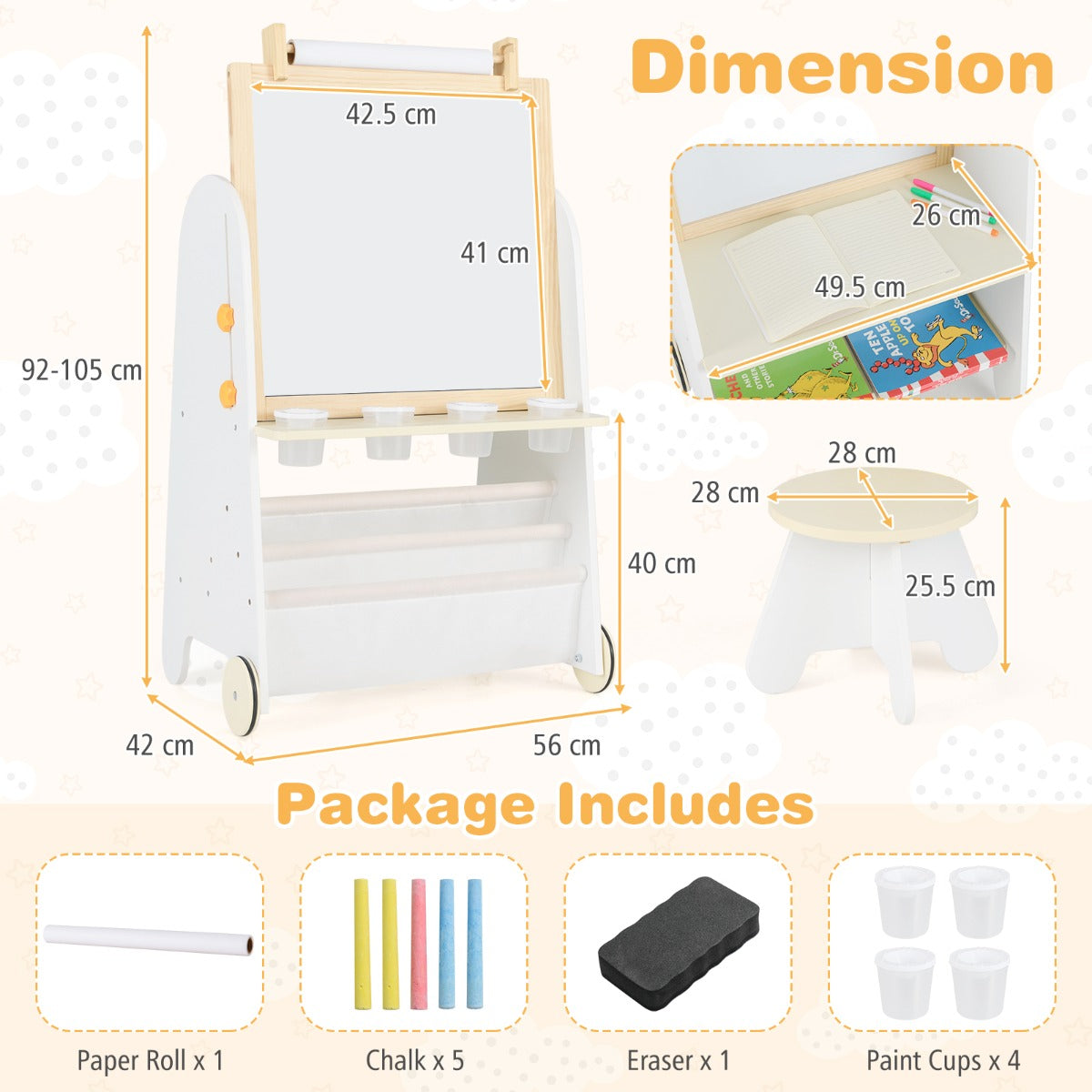 Height Adjustable Kids Art Easel with Stool and Magnetic Whiteboard-Natural