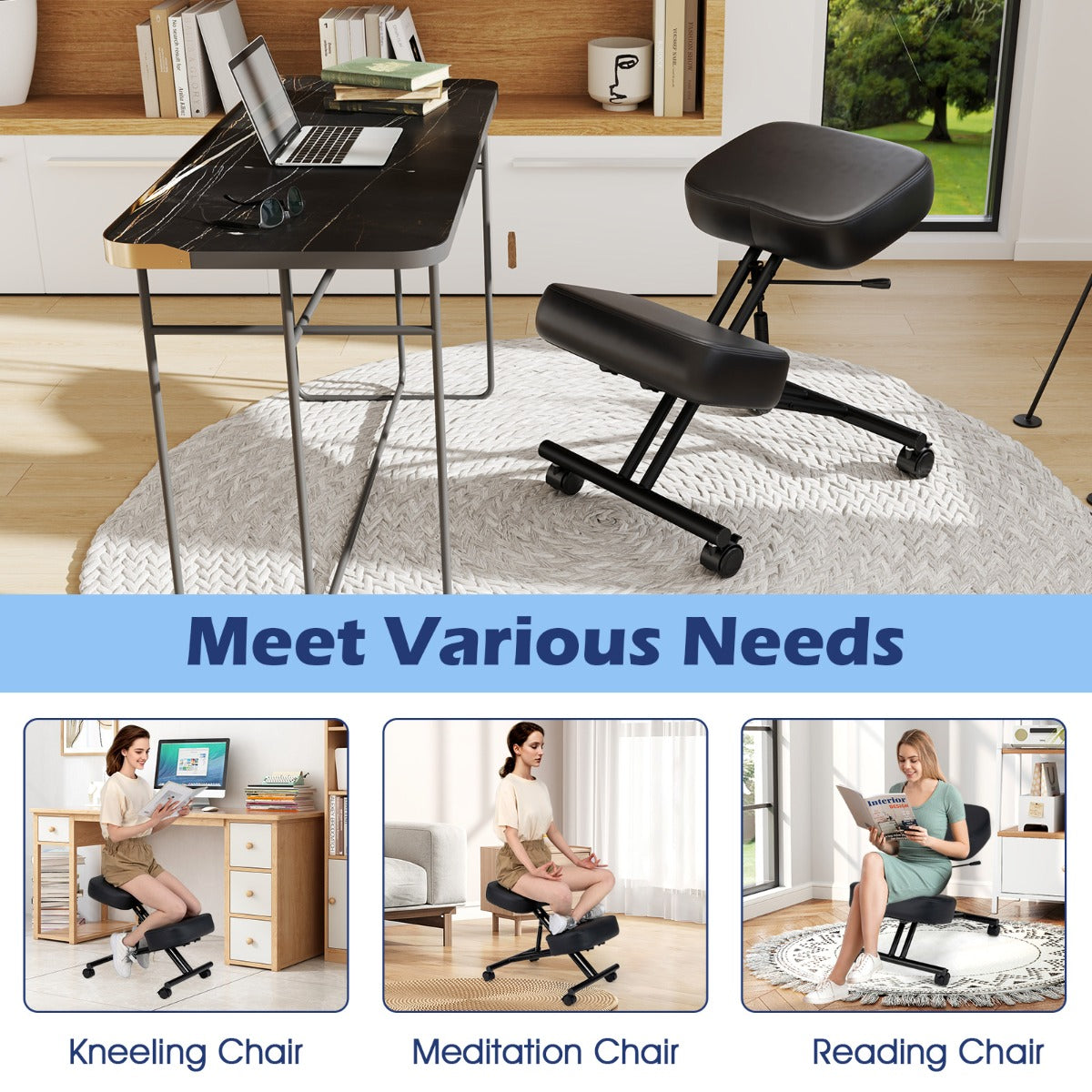 Height Adjustable Kneeling Chair with Angled Seat to Relieve Pain