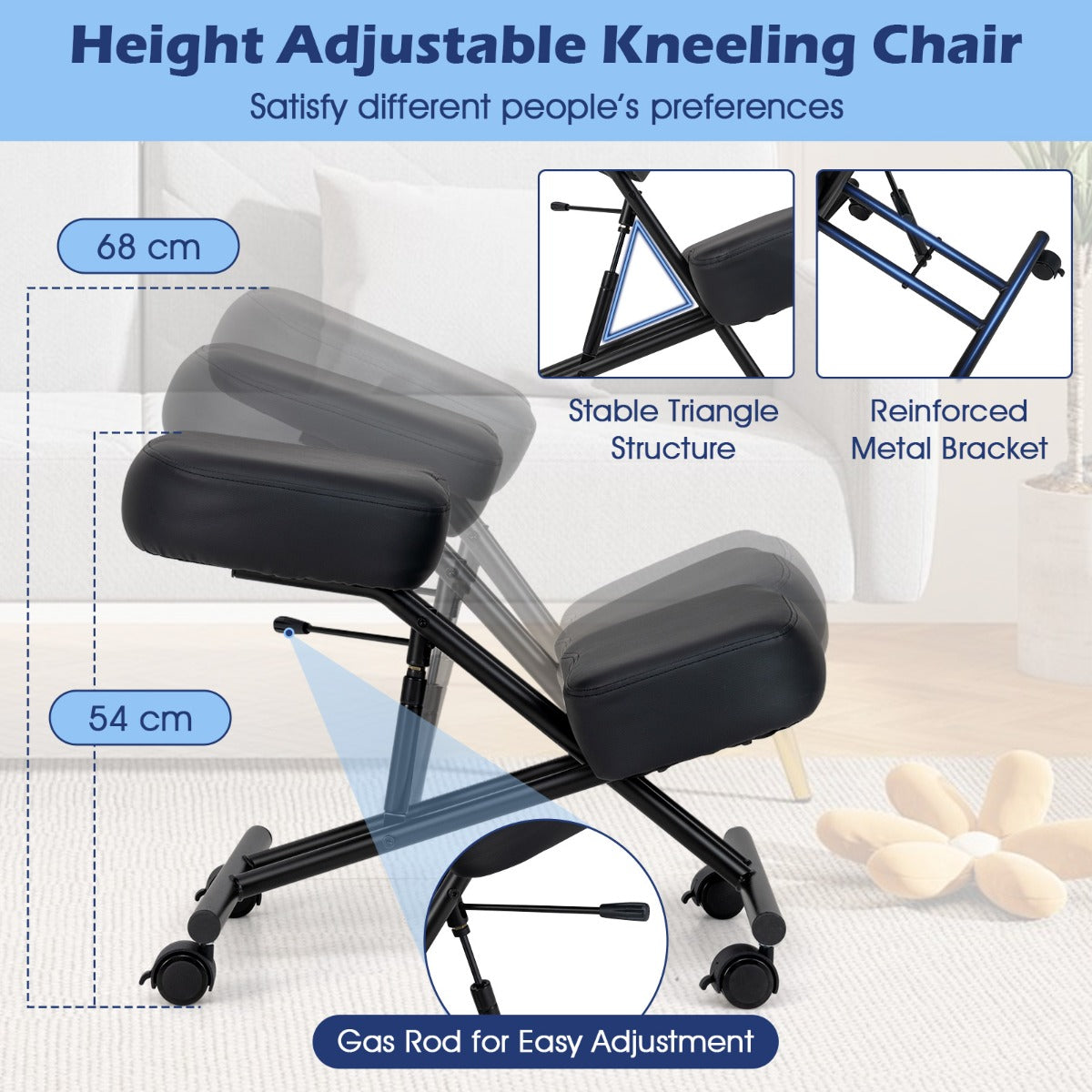 Height Adjustable Kneeling Chair with Angled Seat to Relieve Pain