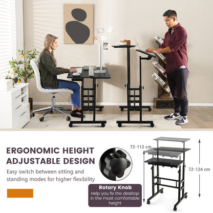 Costway 2-Tier Height Adjustable Mobile Standing Desk for Home Office-Black