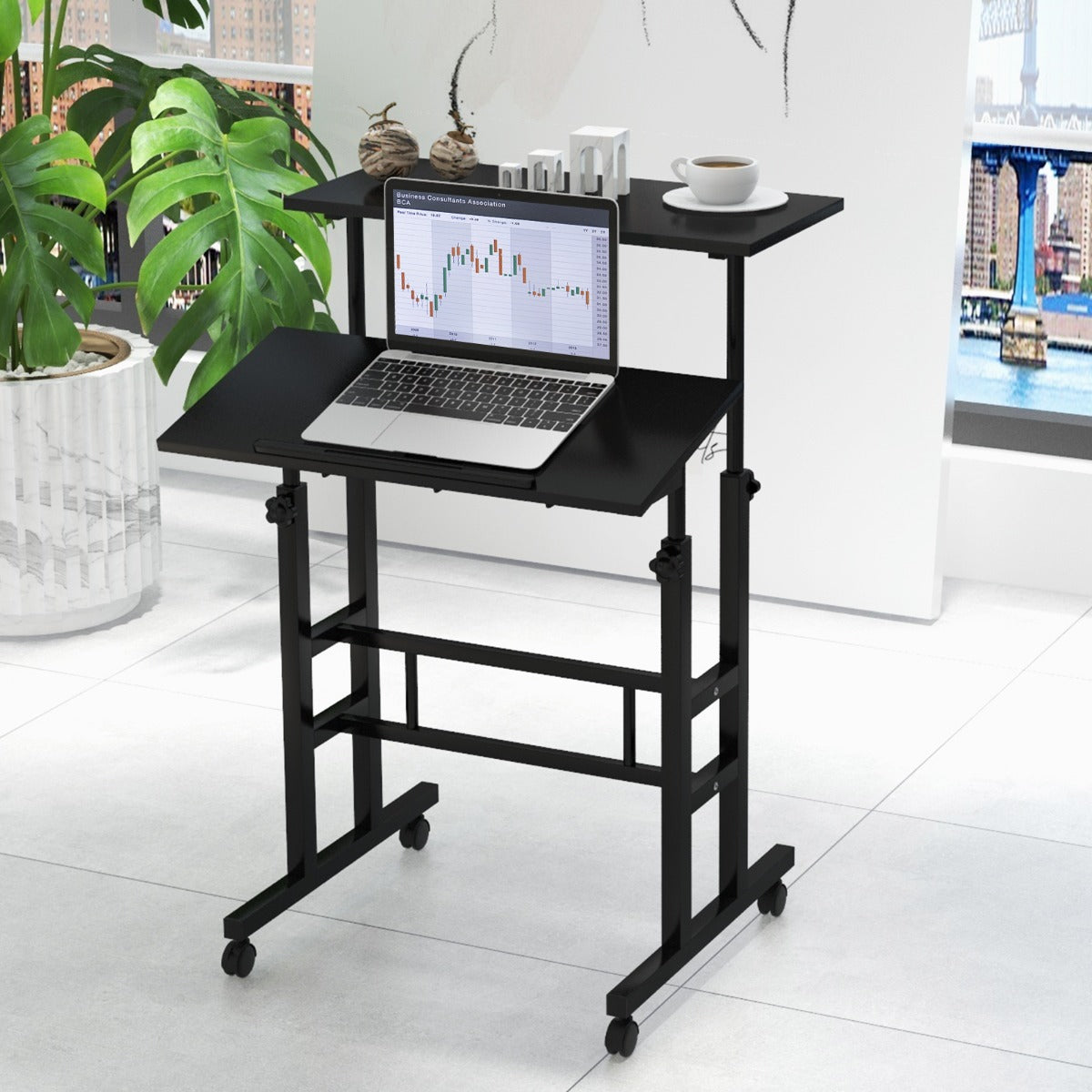 Costway 2-Tier Height Adjustable Mobile Standing Desk for Home Office-Black
