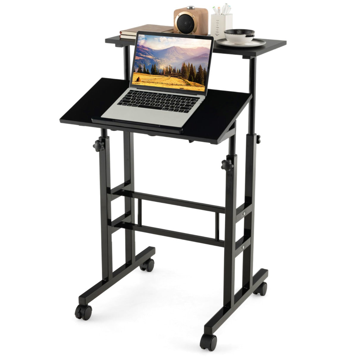 Costway 2-Tier Height Adjustable Mobile Standing Desk for Home Office-Black