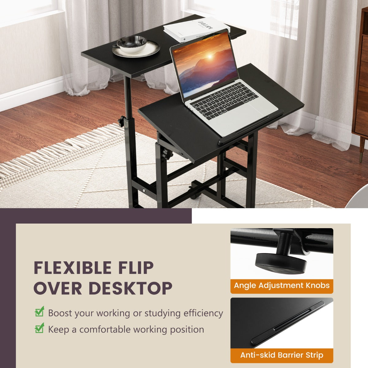 Costway 2-Tier Height Adjustable Mobile Standing Desk for Home Office-Black