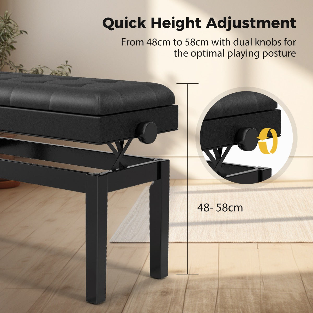 Height-adjustable Piano Bench with Double Seat for 2 People