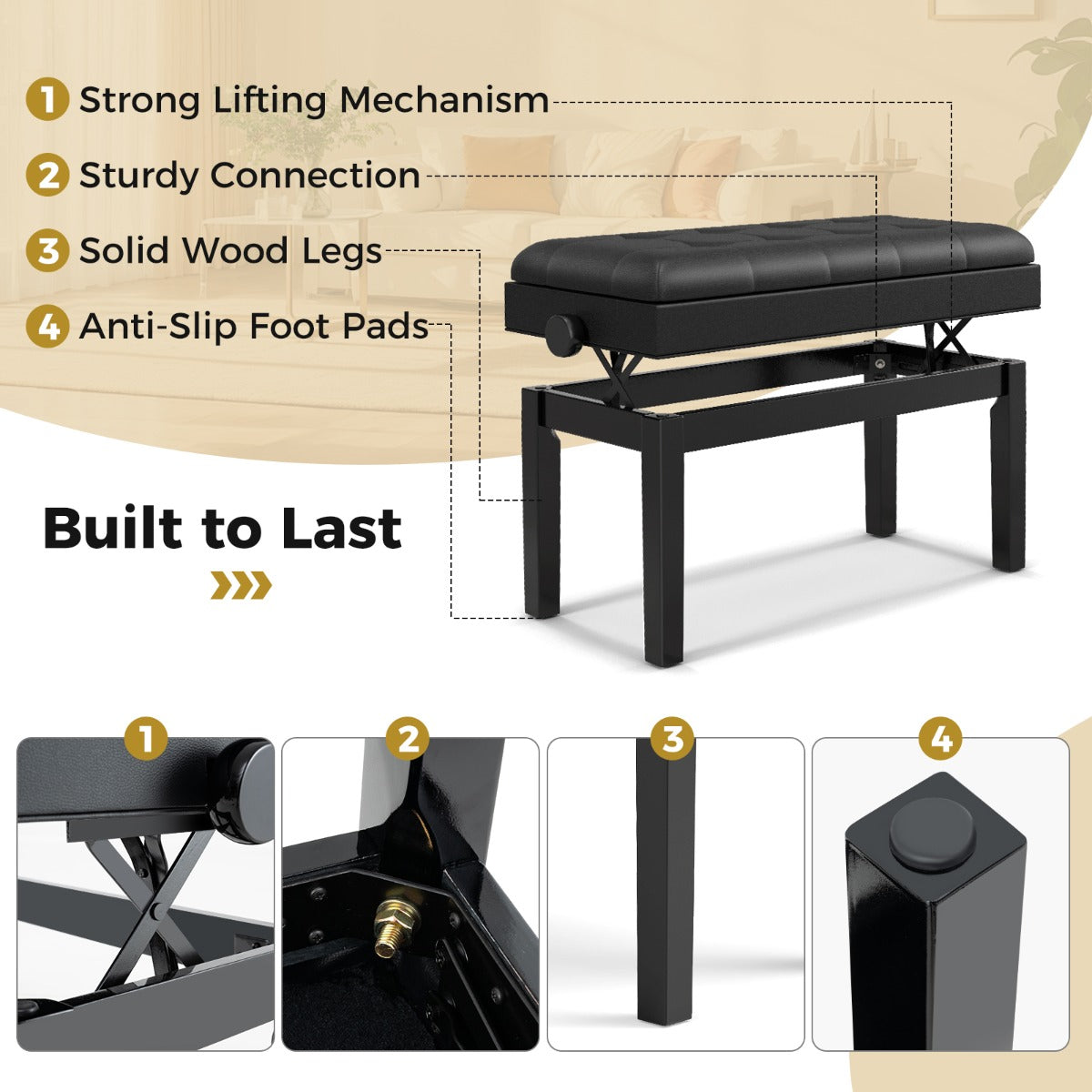 Height-adjustable Piano Bench with Double Seat for 2 People