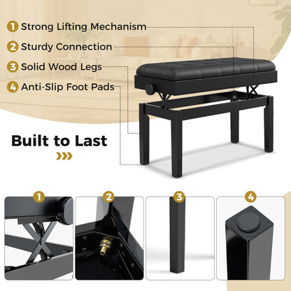 Height-adjustable Piano Bench with Double Seat for 2 People