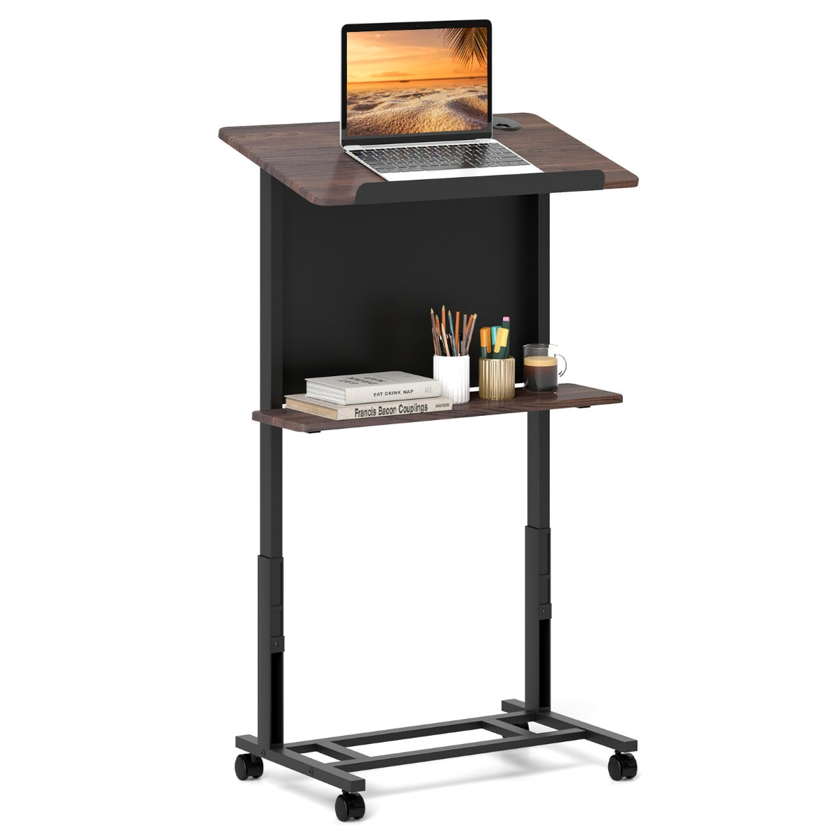103-125cm Height Adjustable Rolling Podium Stand-Walnut