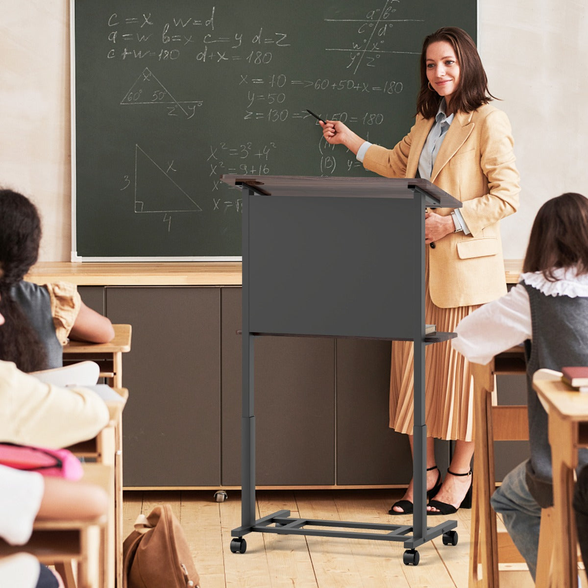 103-125cm Height Adjustable Rolling Podium Stand-Walnut