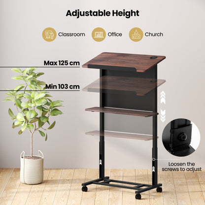 103-125cm Height Adjustable Rolling Podium Stand-Walnut