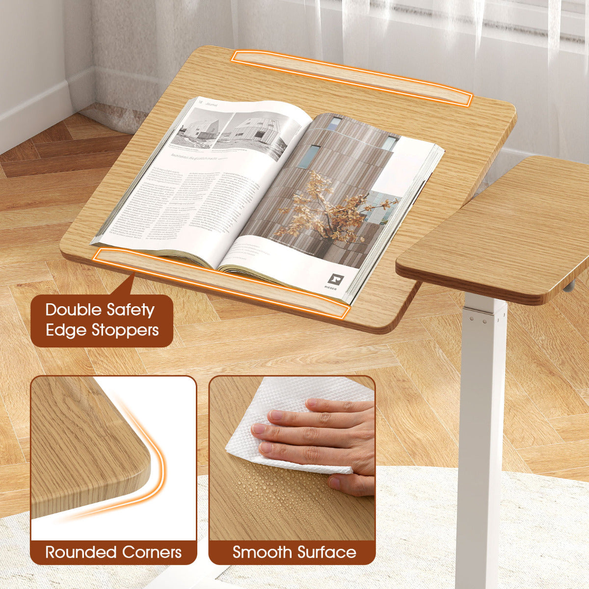 Height Adjustable Standing Laptop Cart with Tilting Tabletop and Dual Edge Stoppers-Natural