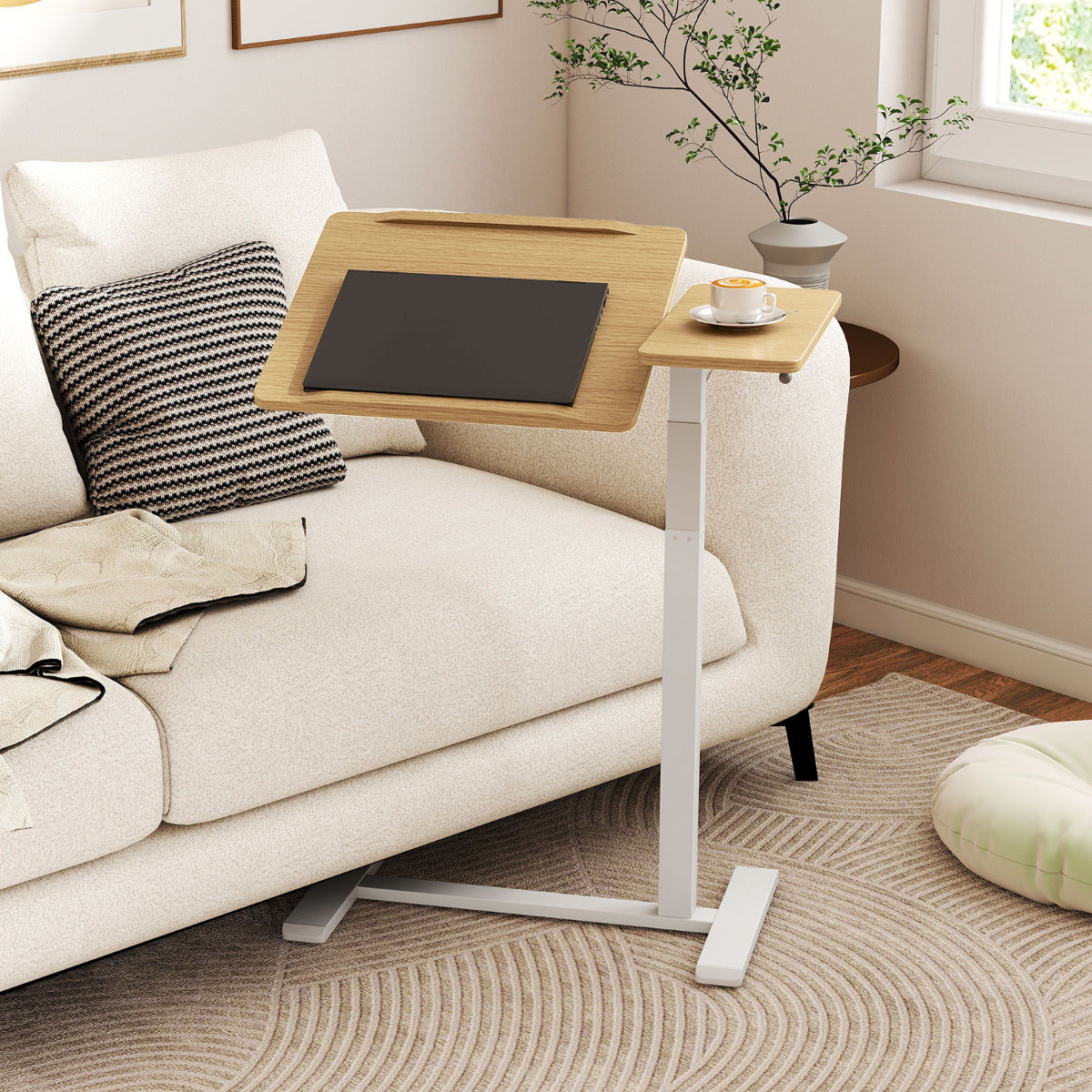 Height Adjustable Standing Laptop Cart with Tilting Tabletop and Dual Edge Stoppers-Natural