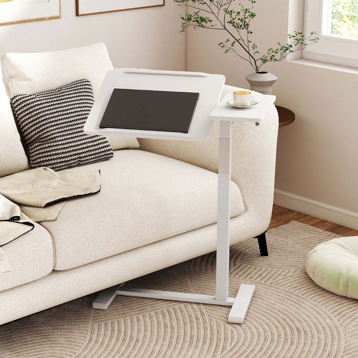 Height Adjustable Standing Laptop Cart with Tilting Tabletop and Dual Edge Stoppers-White