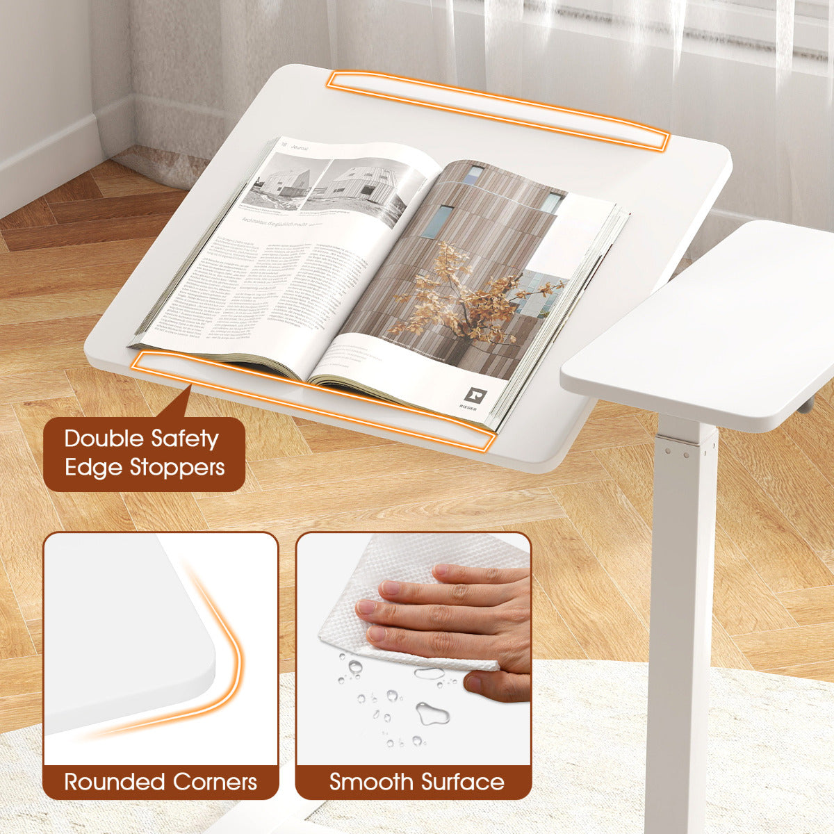 Height Adjustable Standing Laptop Cart with Tilting Tabletop and Dual Edge Stoppers-White