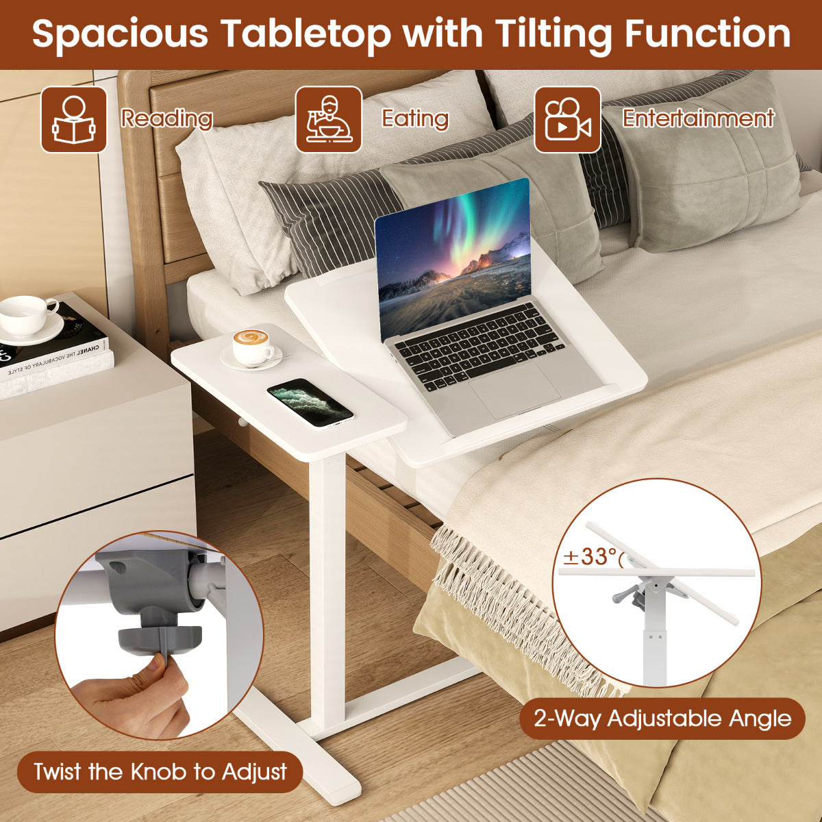 Height Adjustable Standing Laptop Cart with Tilting Tabletop and Dual Edge Stoppers-White
