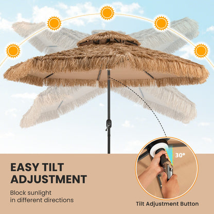 Costway Height Adjustable Thatched Tiki Patio Umbrella with 32 LED Lights
