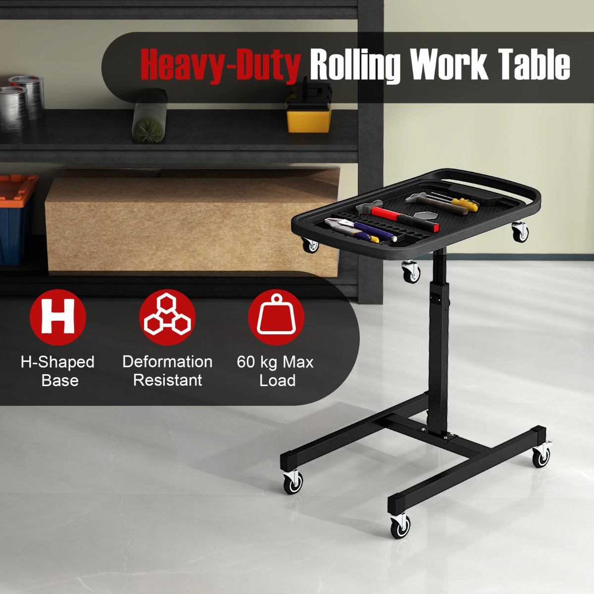 2-in-1 Height Adjustable Work Table with Detachable Part Tray-Black