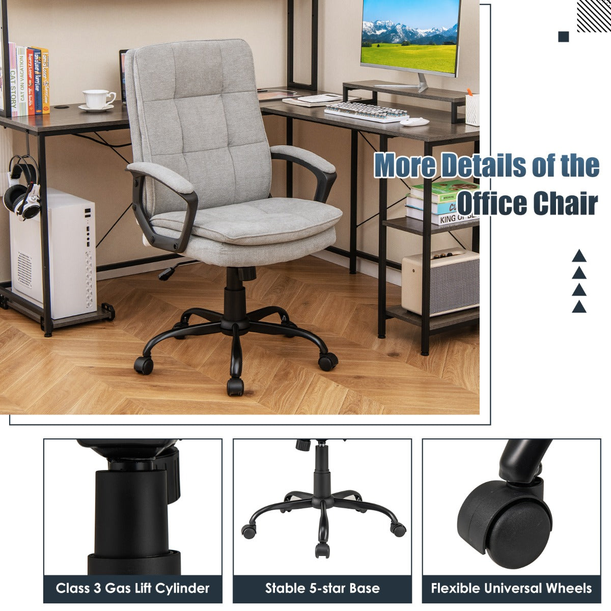 Height-adjustable Office Chair with Rocking Function and Armrest-Grey