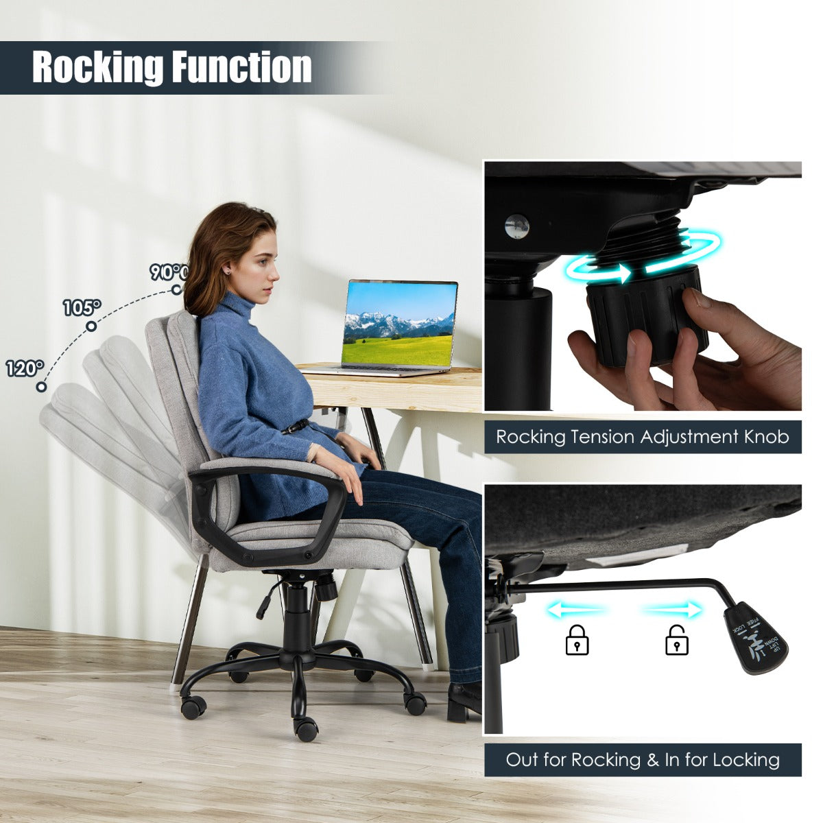 Height-adjustable Office Chair with Rocking Function and Armrest-Grey