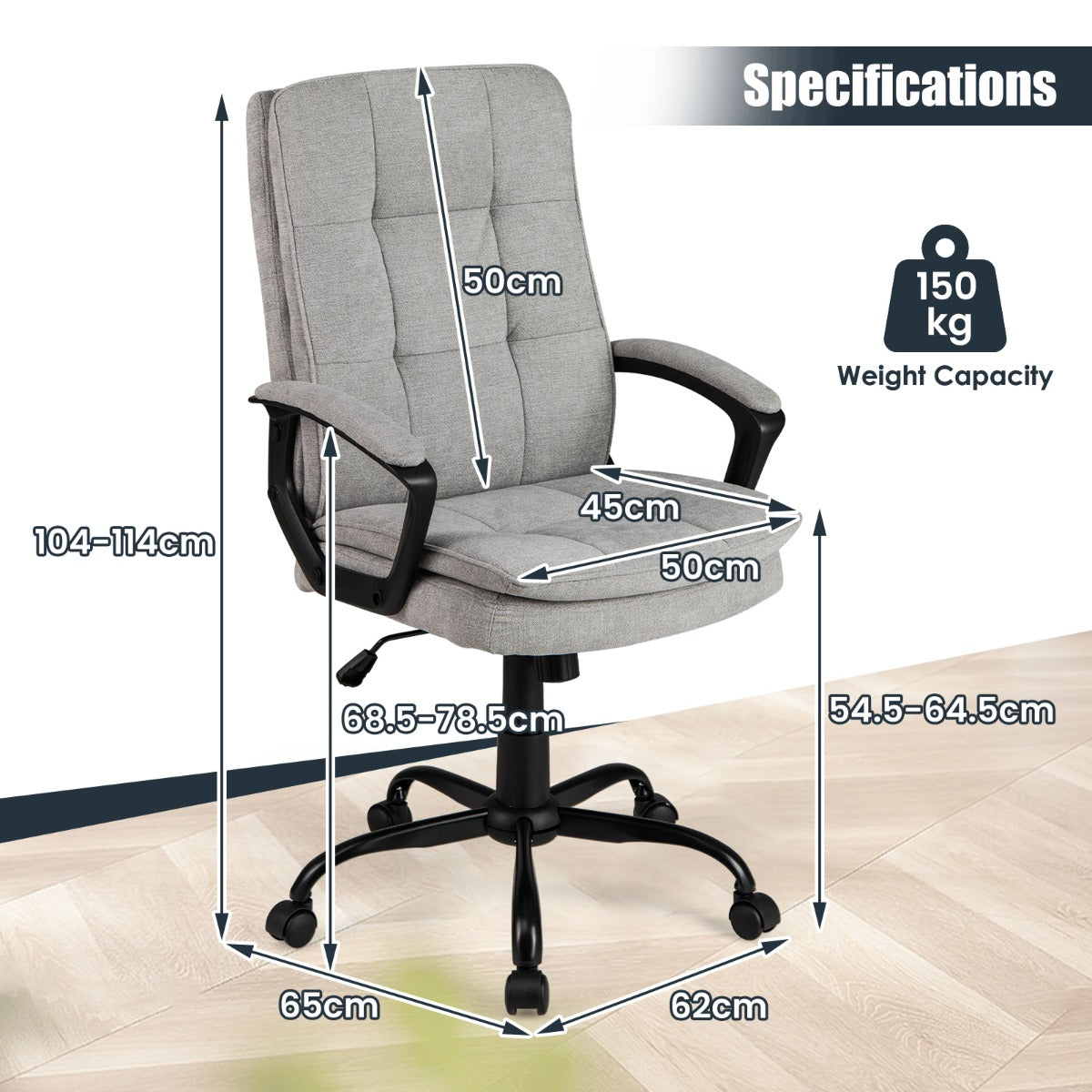 Height-adjustable Office Chair with Rocking Function and Armrest-Grey