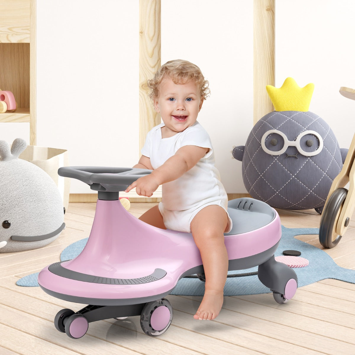 High Bounce Wiggle Car for Kids Swing Car Indoors and Outdoors-Pink