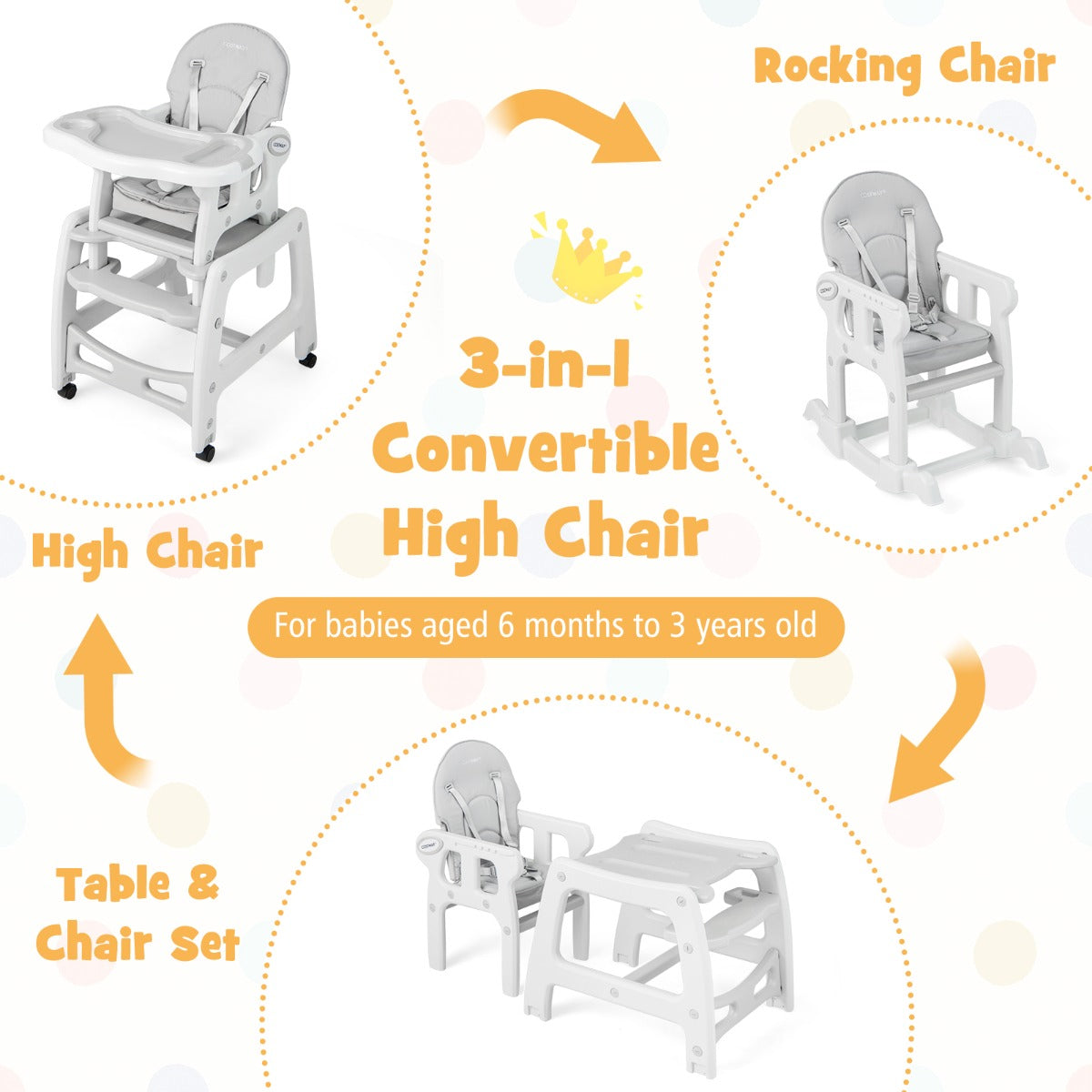 3-in-1 Highchair with Removable 4-Position Tray and Seat Cushion  for 6-36 Months