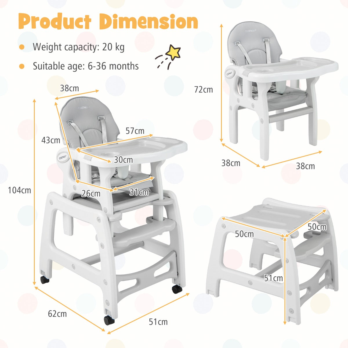 3-in-1 Highchair with Removable 4-Position Tray and Seat Cushion  for 6-36 Months