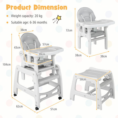 3-in-1 Highchair with Removable 4-Position Tray and Seat Cushion  for 6-36 Months