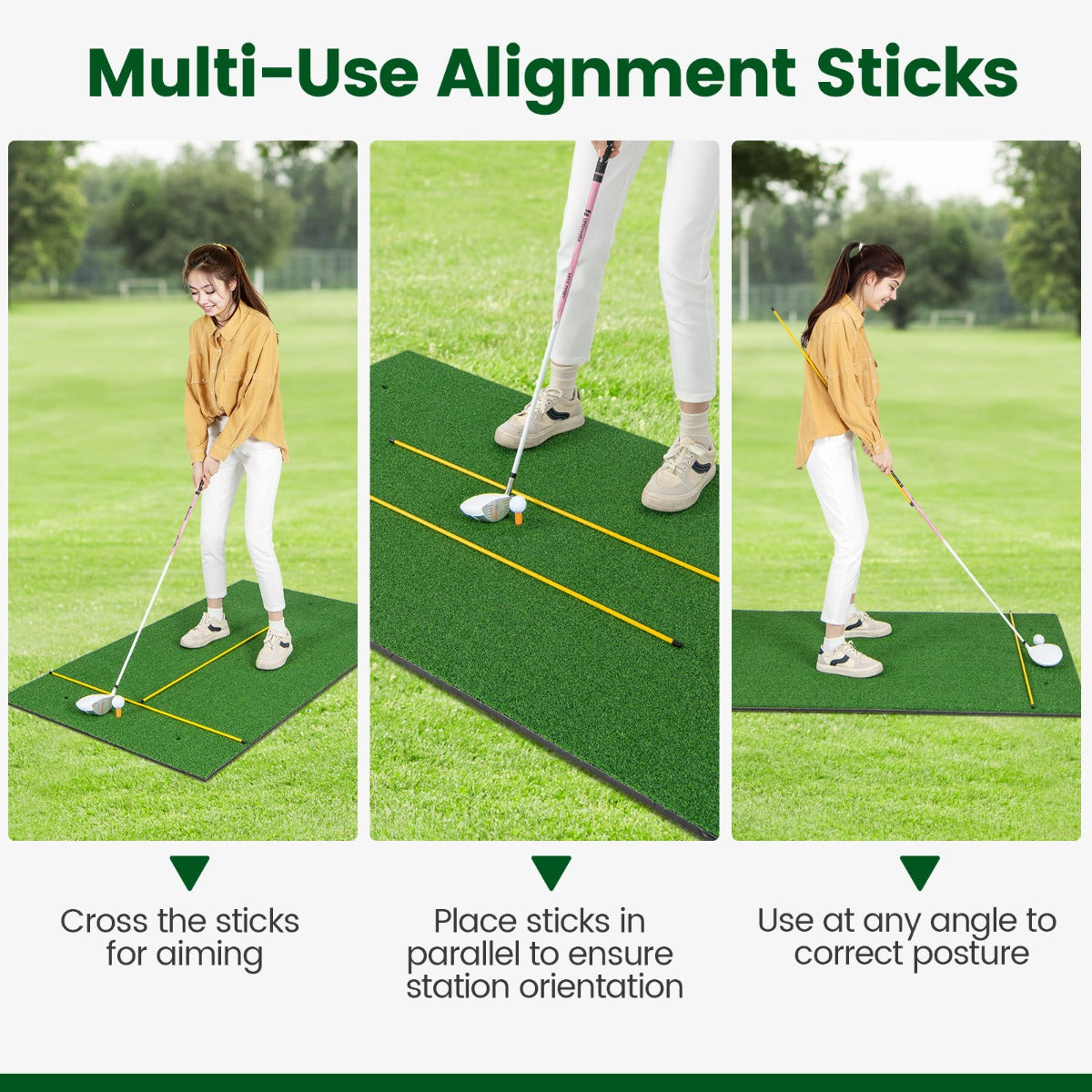 Costway Artificial Turf Mat for Indoor/Outdoor Golf Practice Includes 2 Rubber Tees and 2 Alignment Sticks-S