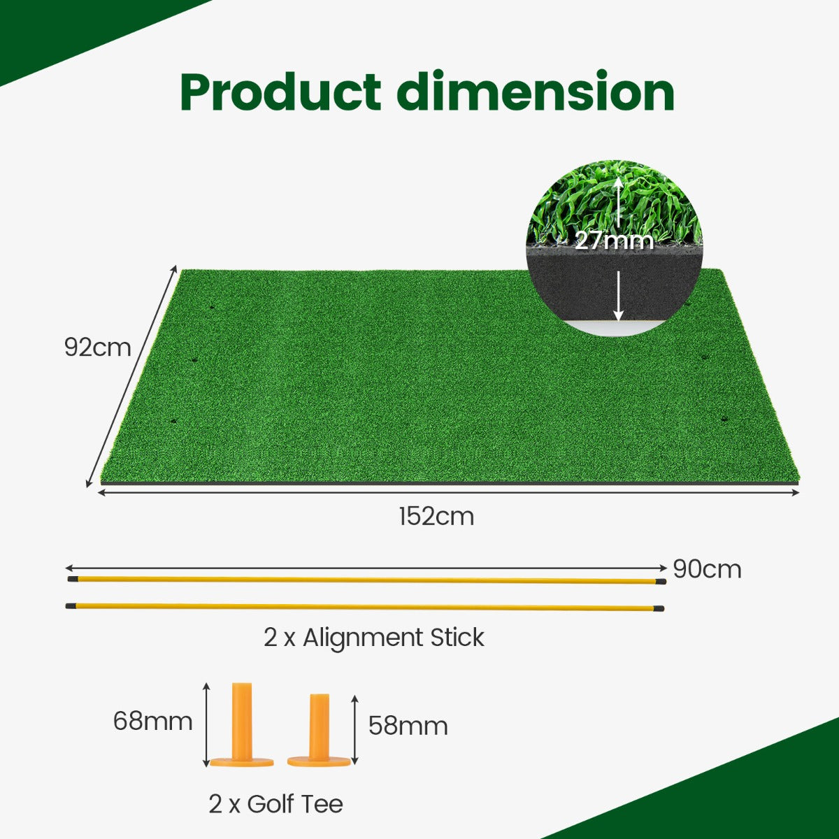 Costway Artificial Turf Mat for Indoor/Outdoor Golf Practice Includes 2 Rubber Tees and 2 Alignment Sticks-S