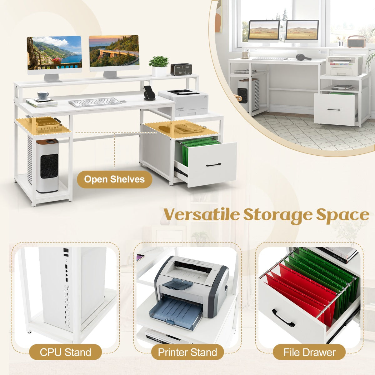 168 CM Home Office Computer Desk with Storage Shelves
