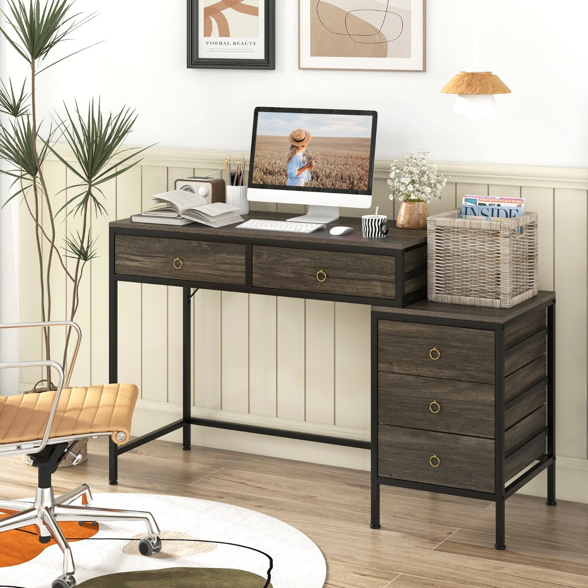 Home Office Computer Desk with 5 Drawers and Side File Cabinet-Grey
