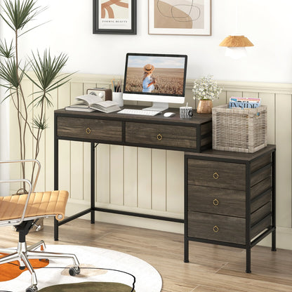 Home Office Computer Desk with 5 Drawers and Side File Cabinet-Grey